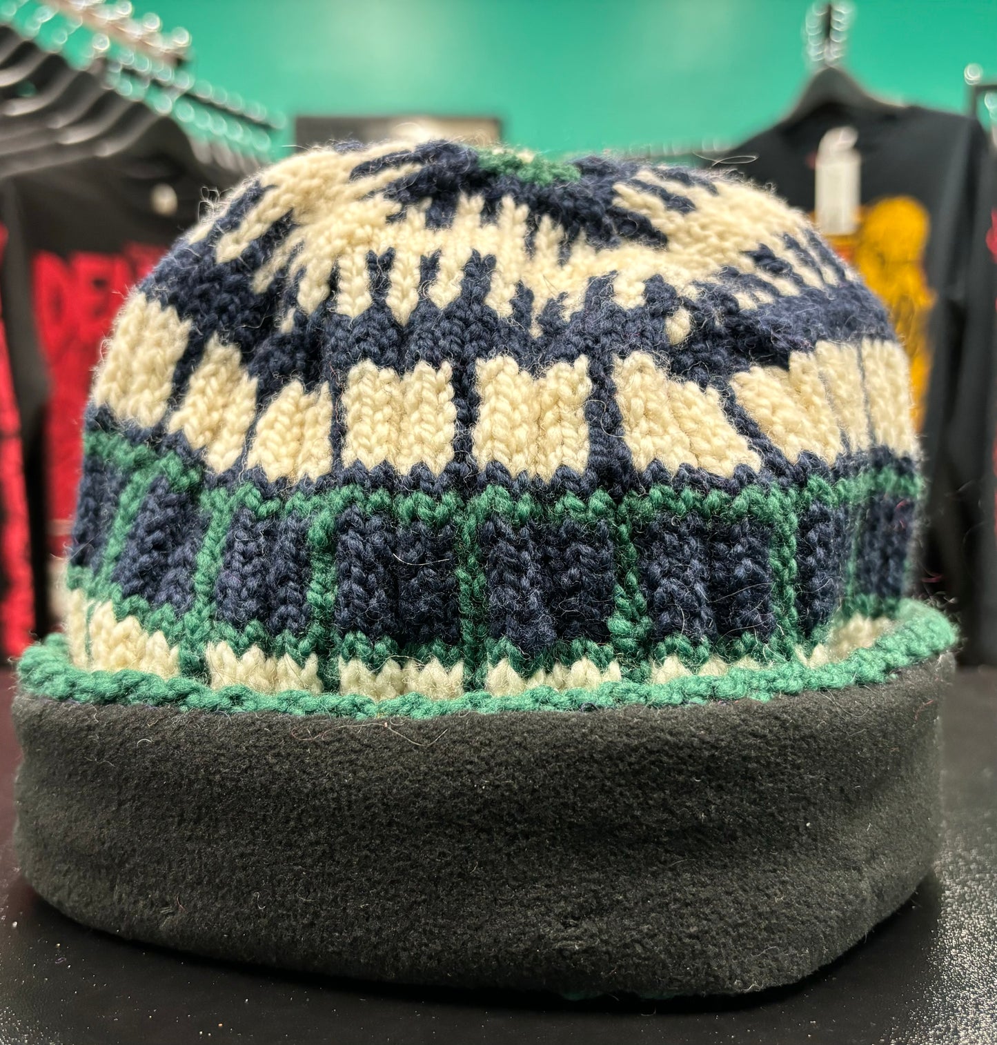 Dark Green, Navy, and White Square Pattern - Wool Hat