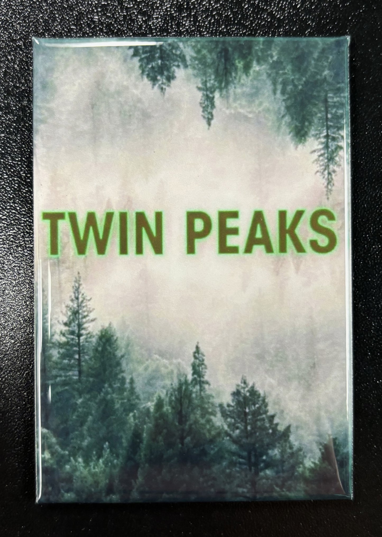 Twin Peaks, forest, misty trees, green letters - magnet